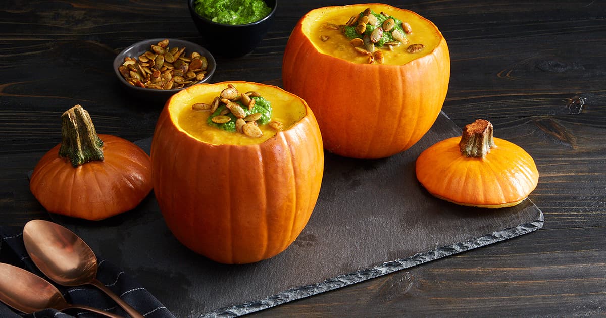pumpkin soup in pumpkin bowl