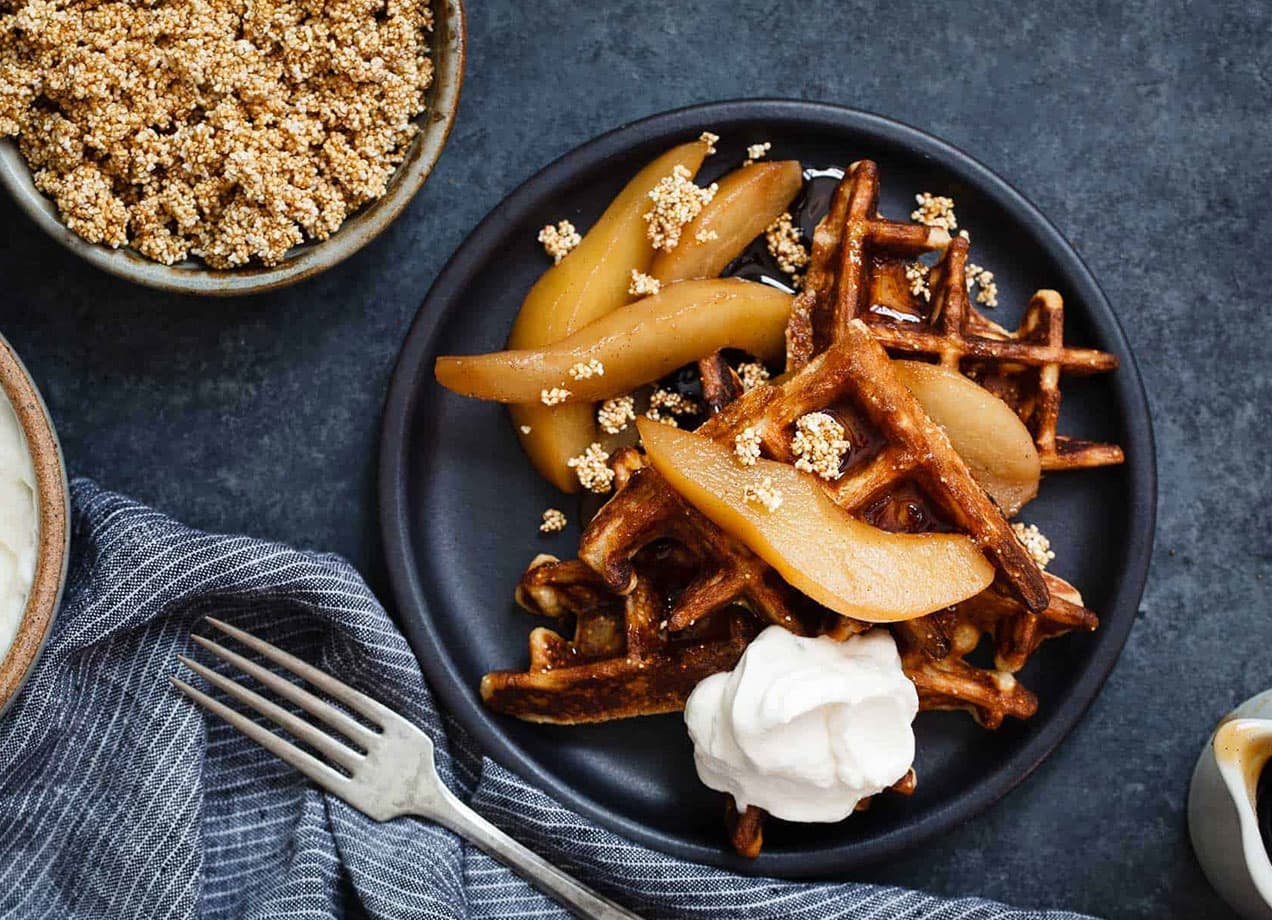 amaranth recipes: amaranth chai waffles with peaches