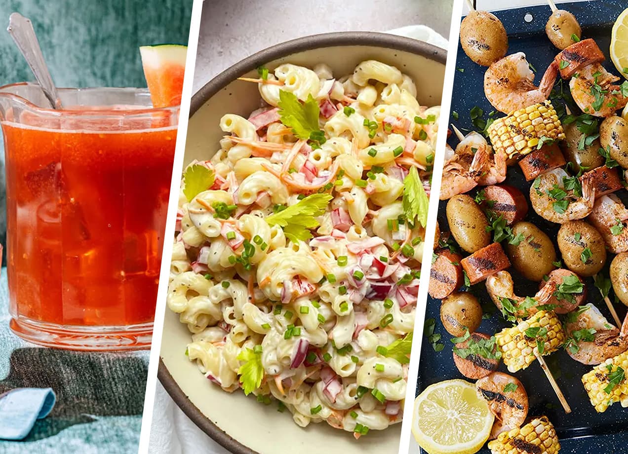summer potluck ideas: watermelon tea, macaroni salad, shrimp boil skewers