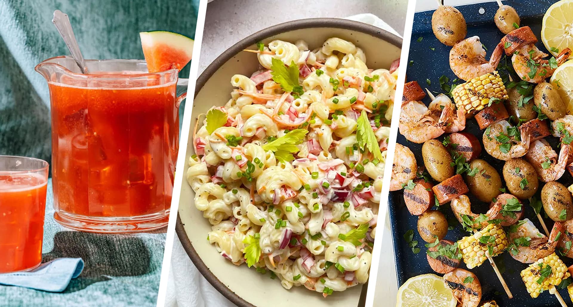 summer potluck ideas: watermelon tea, macaroni salad, shrimp boil skewers