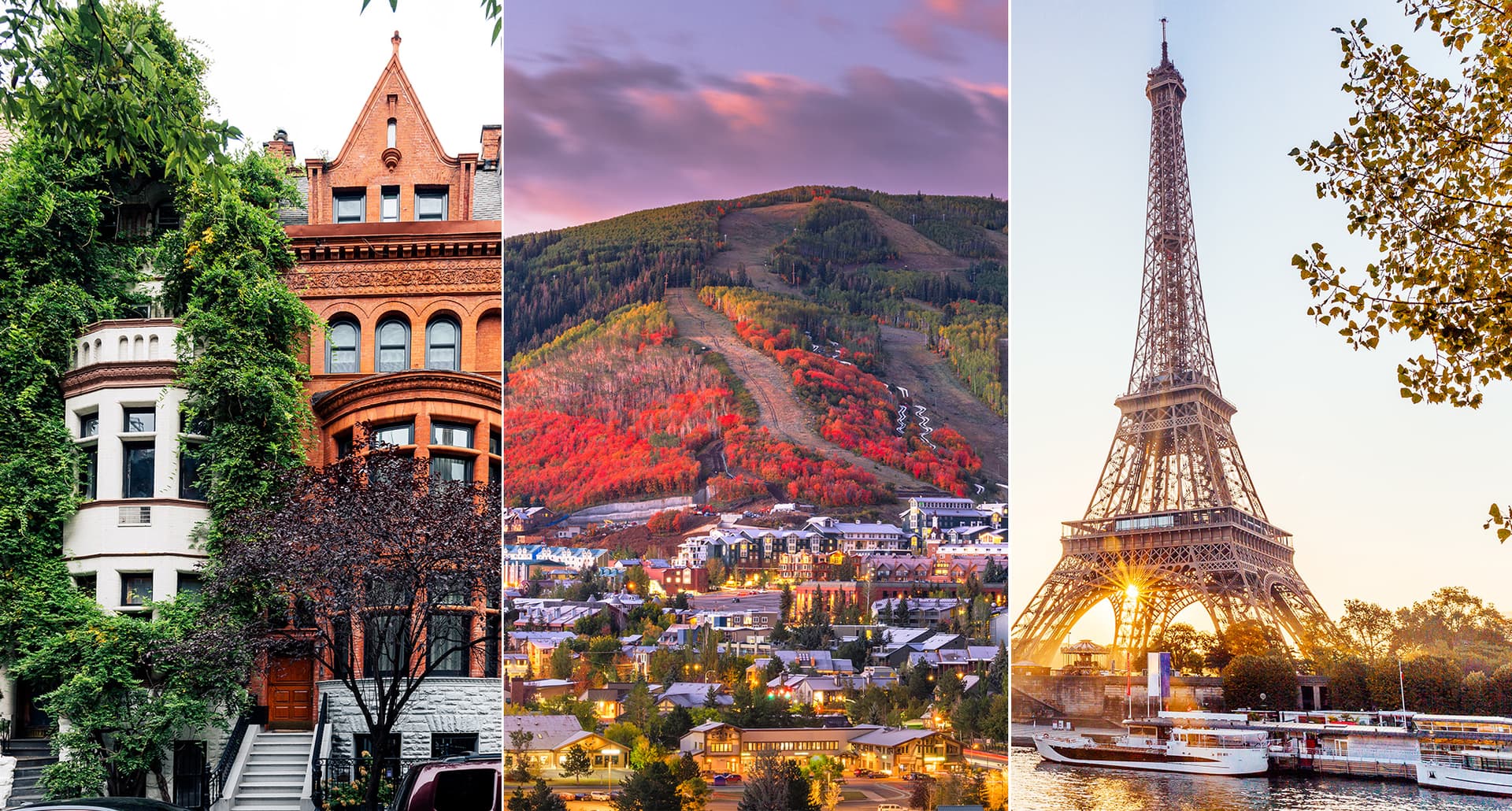 A triptych image of NYC, Park City Utah, and Paris in fall.