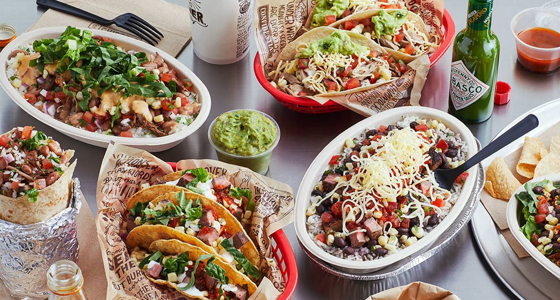 is chipotle healthy: assortment of chipotle bowls and tacos
