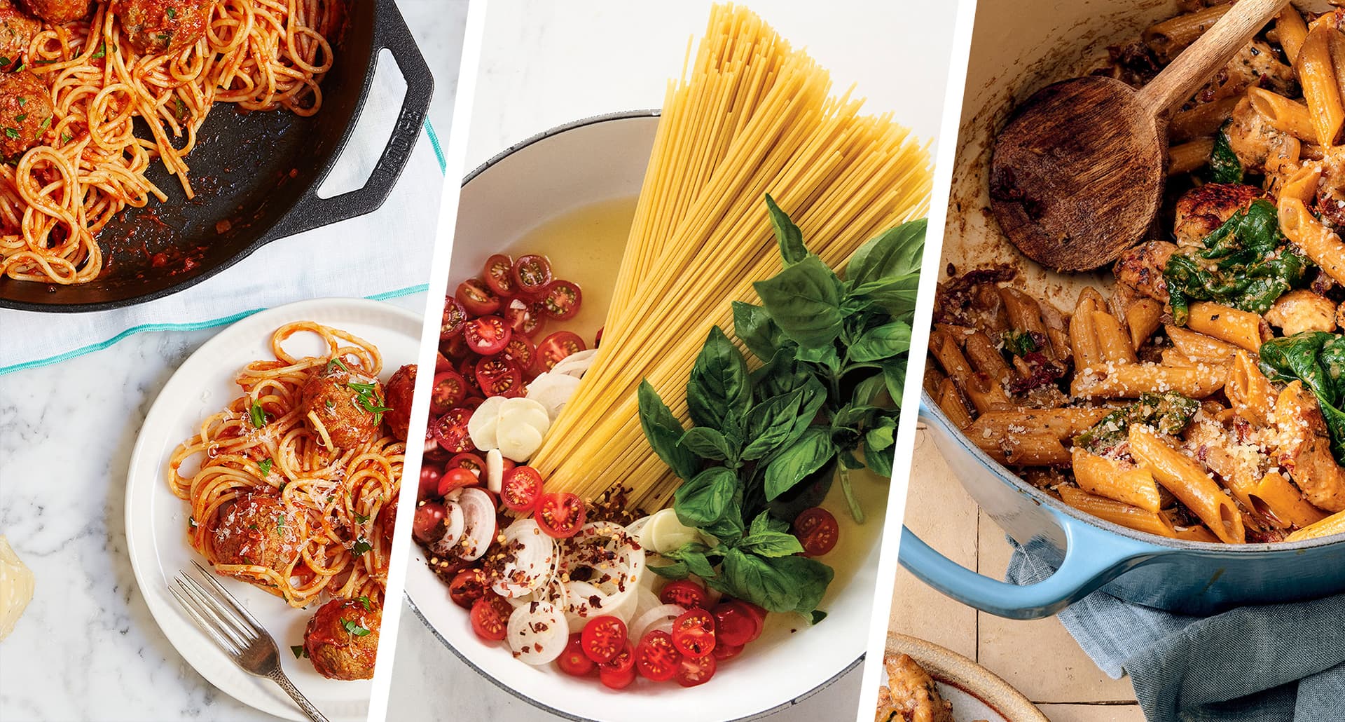 one-pot pasta recipes: skillet spaghetti and meatballs, one-pot tomato basil pasta and one-pot chicken pasta, side by side