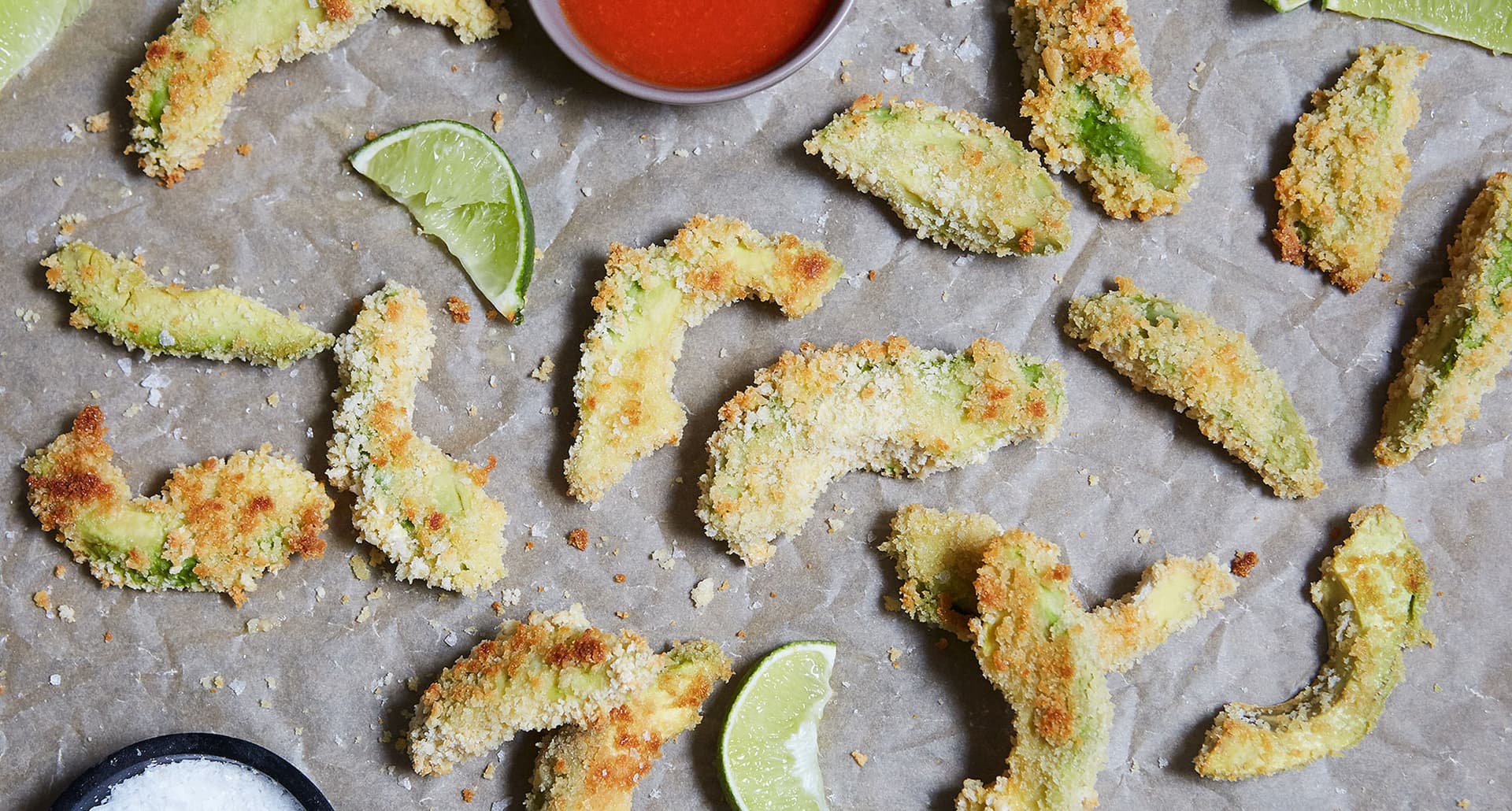 sides for tacos: avocado fries on a sheet pan