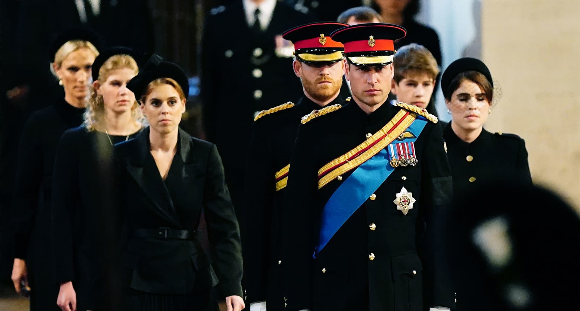 queen elizabeth grandchildren: prince william, prince harry, princess beatrice, princess eugenie, zara tindall, lady louise and james viscount severn attend the vigil for queen elizabeth ii