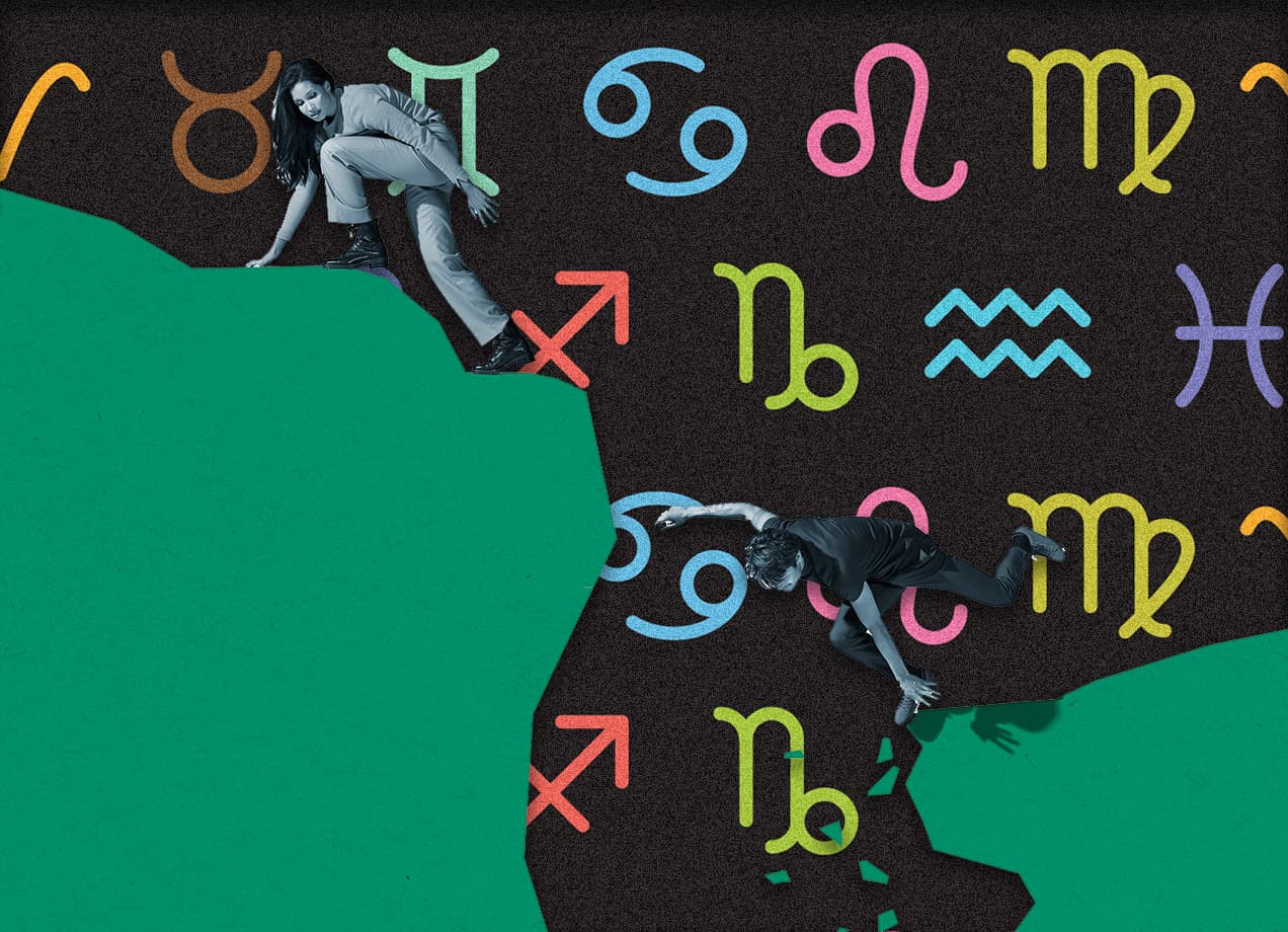 An incompatible couple metaphorically breaking up with a zodiac background.