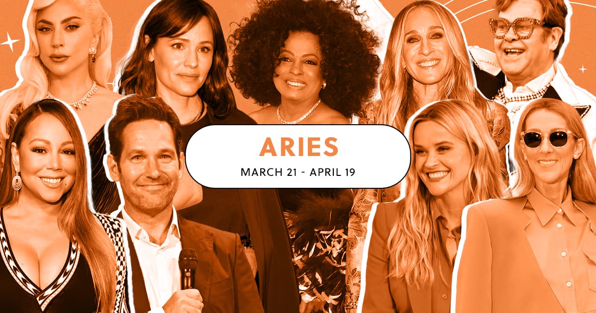 Collage of Aries celebs including Jennifer Garner, Diana Ross, Reese Witherspoon, Sarah Jessica Park, Paul Rudd, Mariah Carey and more. They're in an orange tint.