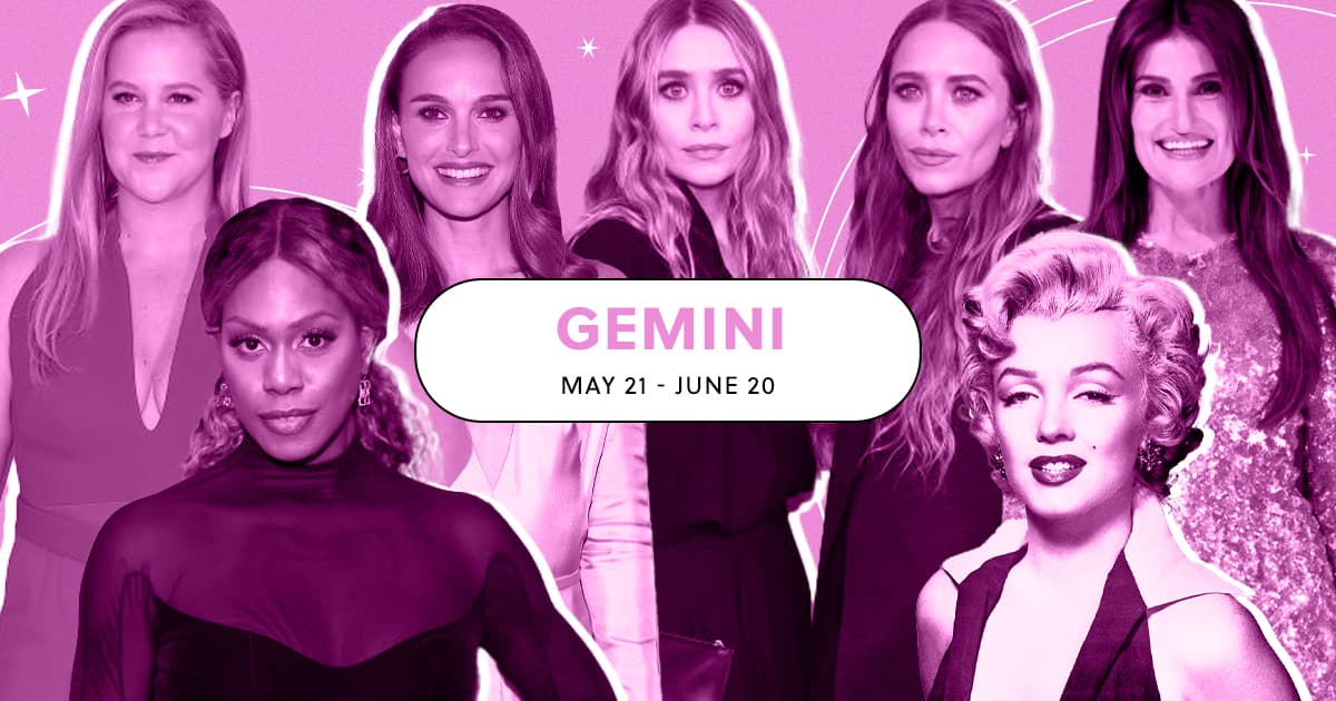Collage of Gemini celebs including Natalie Portman, the Olsen twins, Marilyn Monroe, Lavern Cox and more in a pink hue.