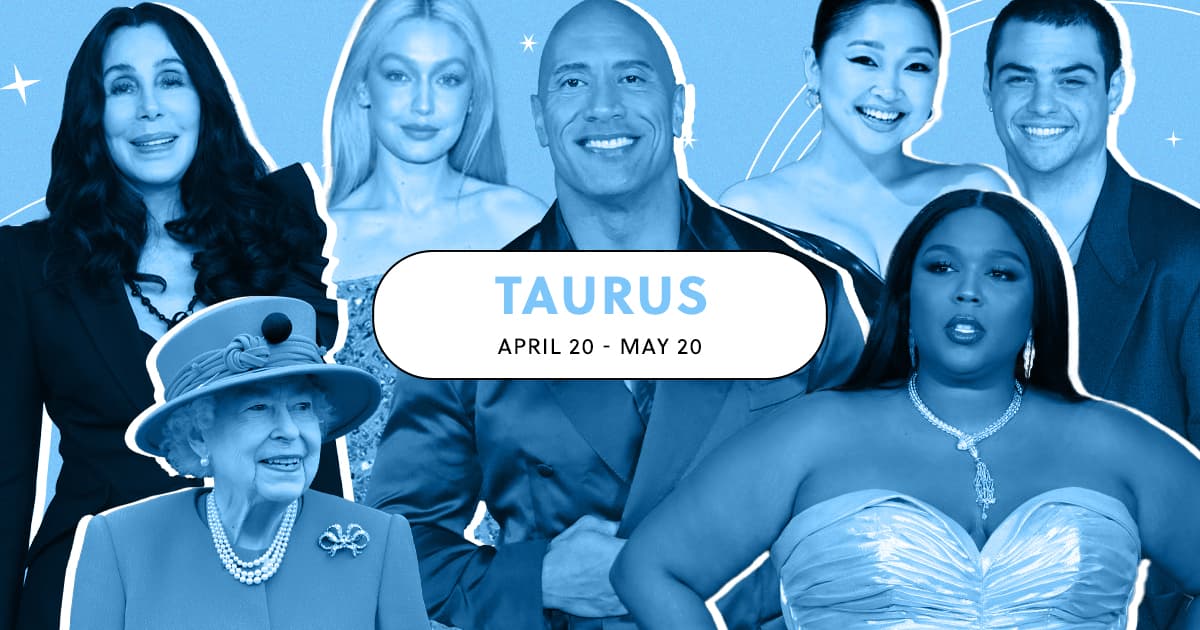 Collage of Taurus celebs including Dwayne Johnson, Gigi Hadid, Lizzo, Queen Elizabeth II, Cher and more in a blue tint.