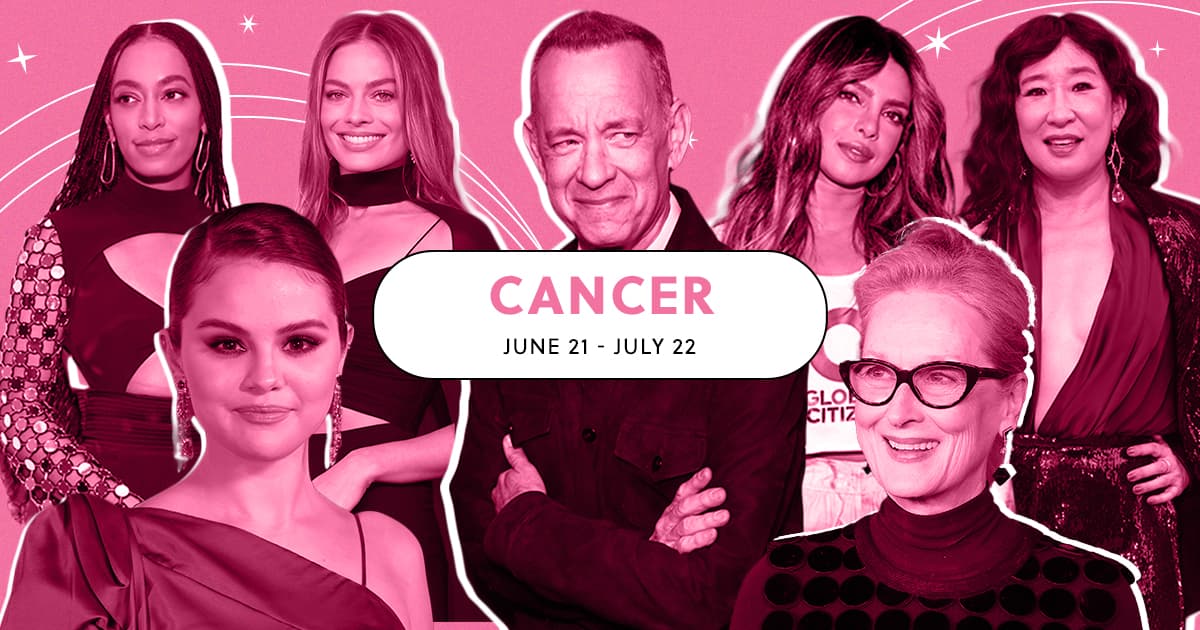 Collage of Cancer celebs including Tom Hanks, Margo Robbie and Selena Gomez.