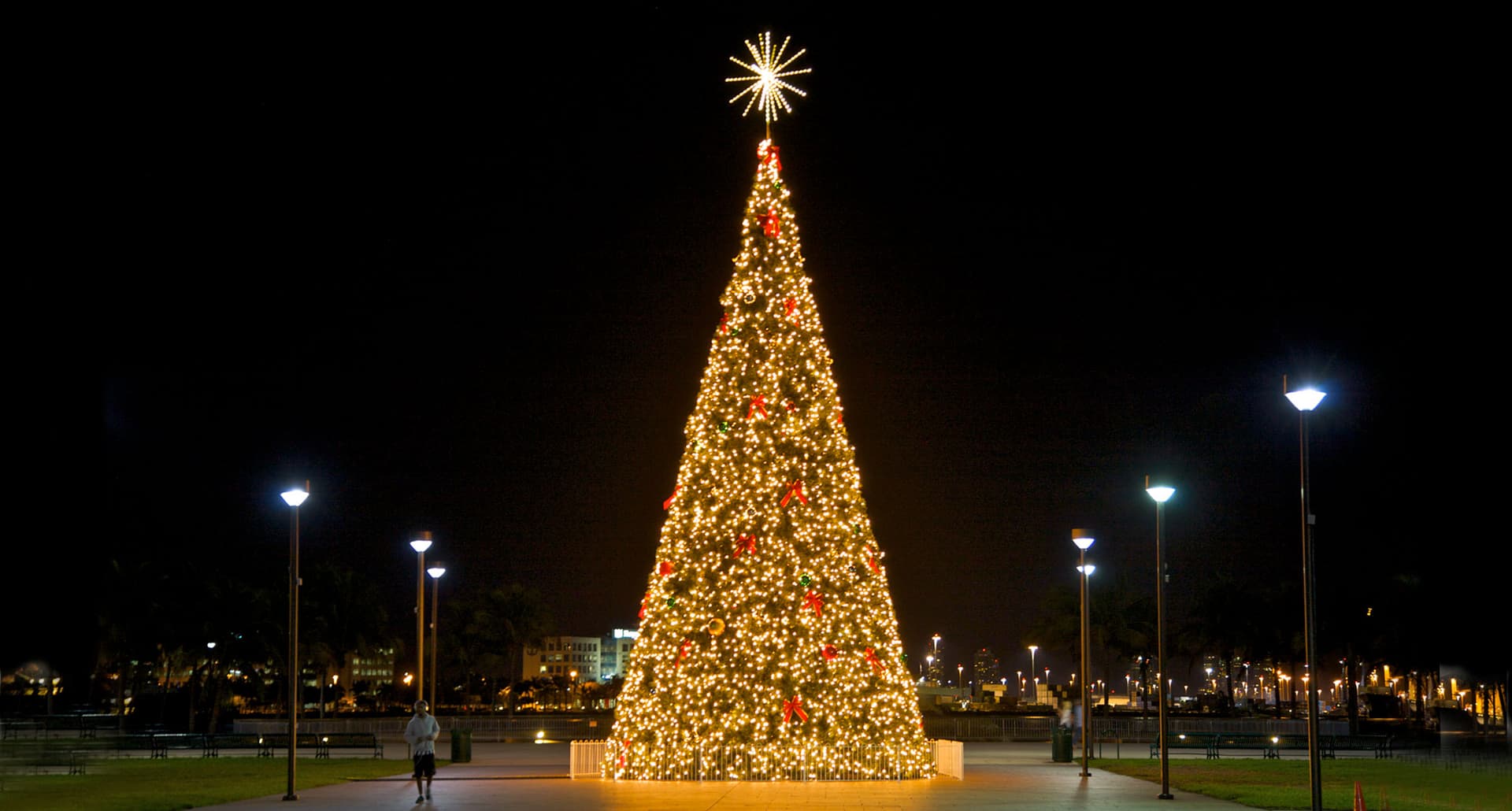 Miami Holiday Lights - A large Christmas tree wrapped in white and red lights and topped with a star sits outdoors at Bayfront Park in Miami.
