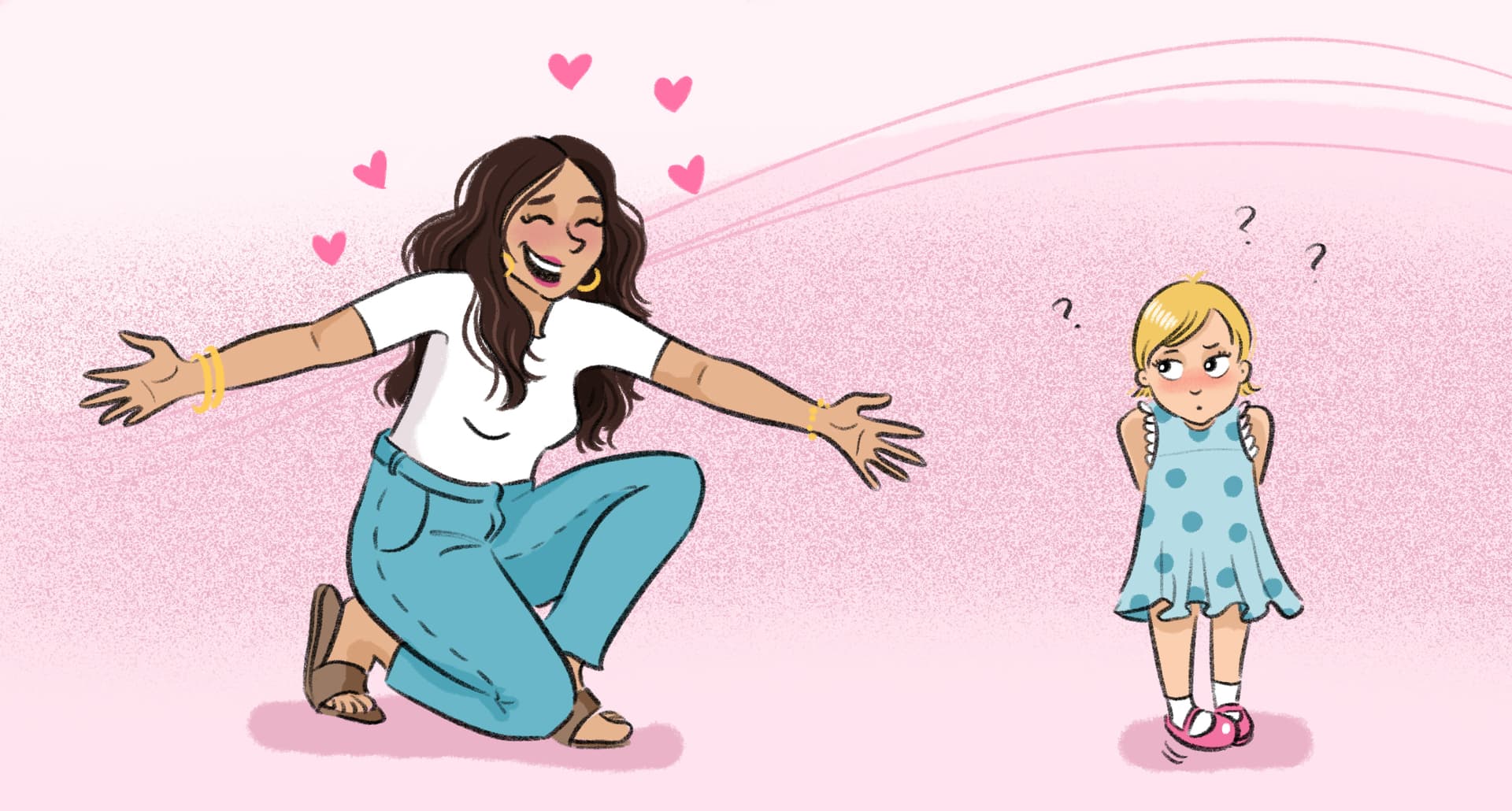 Advice for Adoptive Parents - An illustration of a smiling woman crouched down with her arms outstretched to a shy, apprehensive young girl. There are heart emanating from the woman and question marks emanating from the girl. It is all on a pink background.