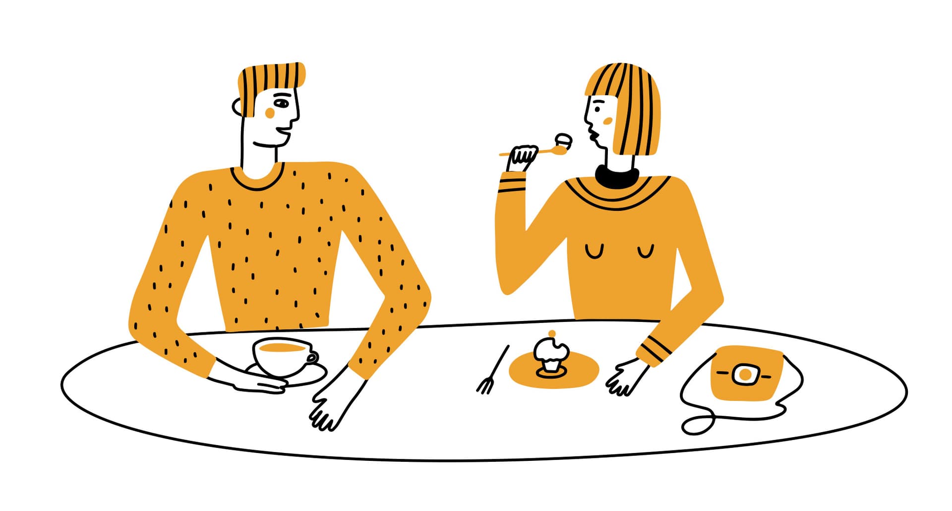 I Tried Speed Dating - A black, white, and orange illustration of a man and woman eating dinner together on a date.