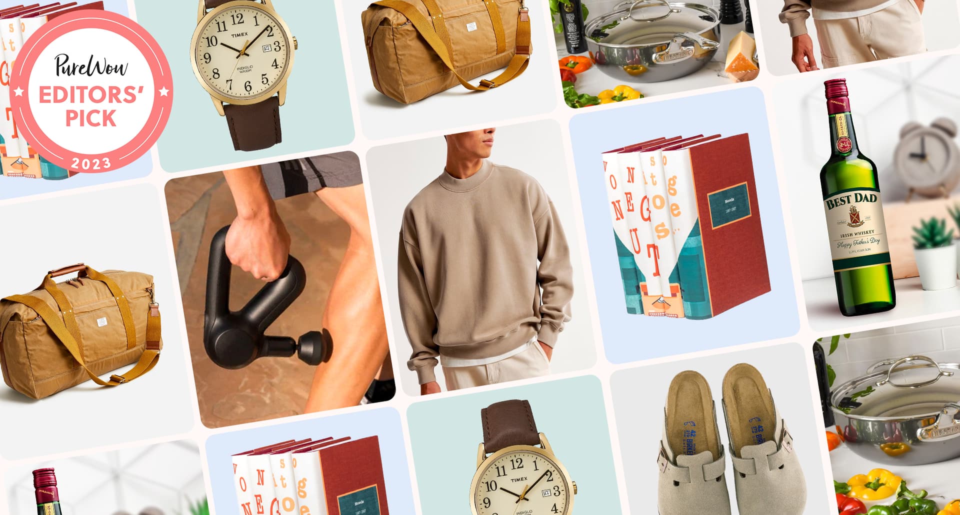 collage of gifts for men including model in sweater, headphones, watch, etc.