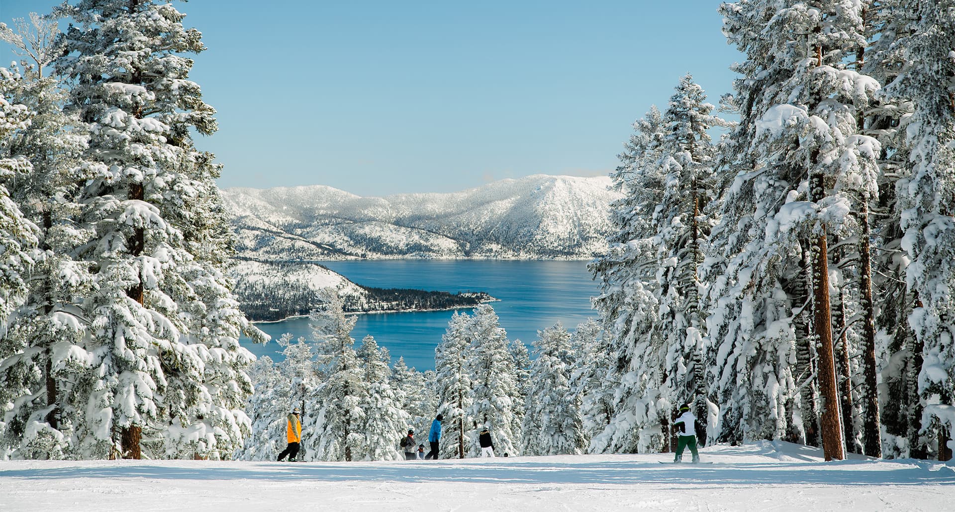 Best Lake Tahoe Ski Resorts: image of snow covered mountain, trees and lake in the far background