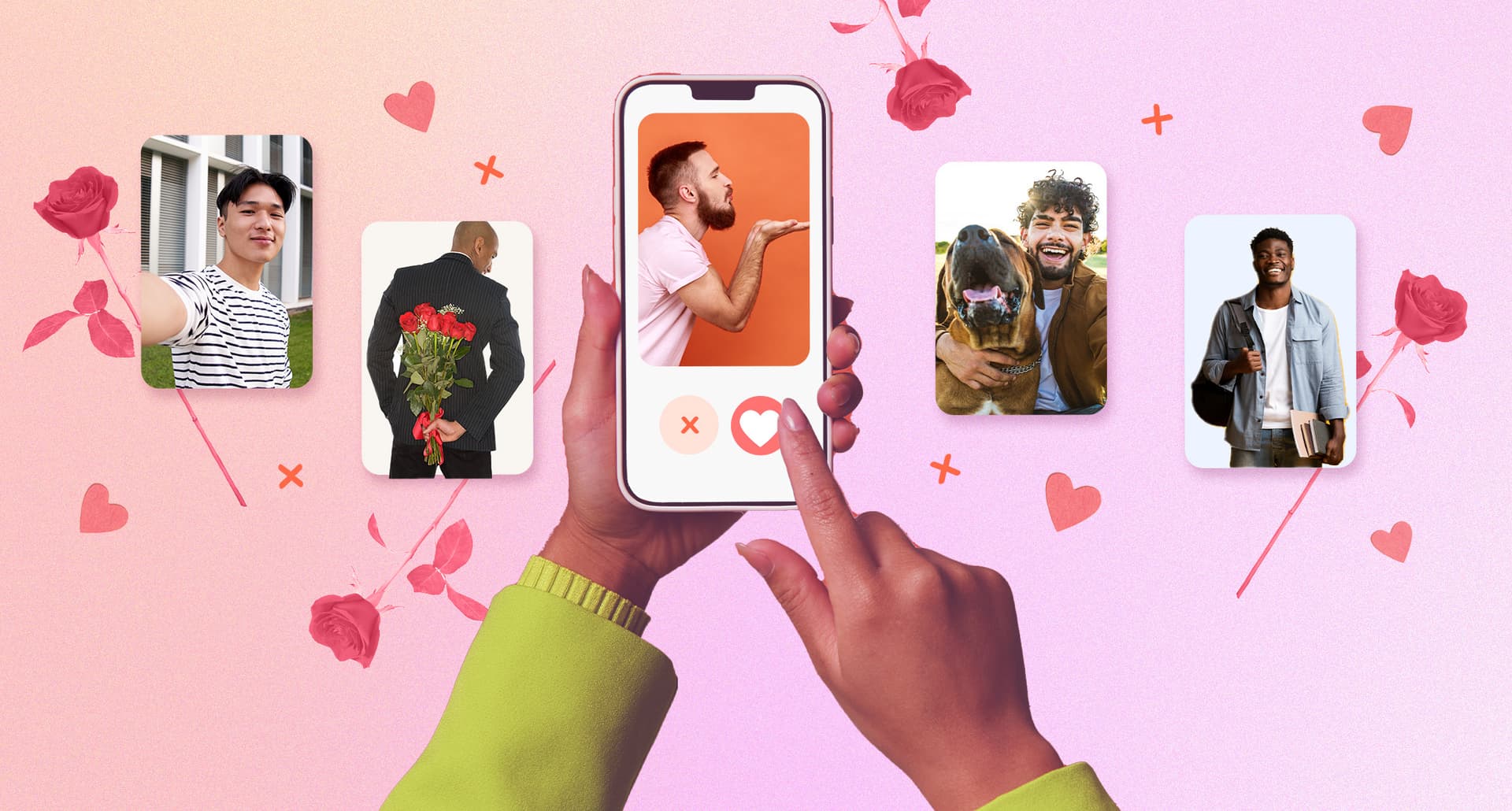i concocted my own bachelorette season: woman holds phone, surrounded by online dating profiles, hearts, and roses