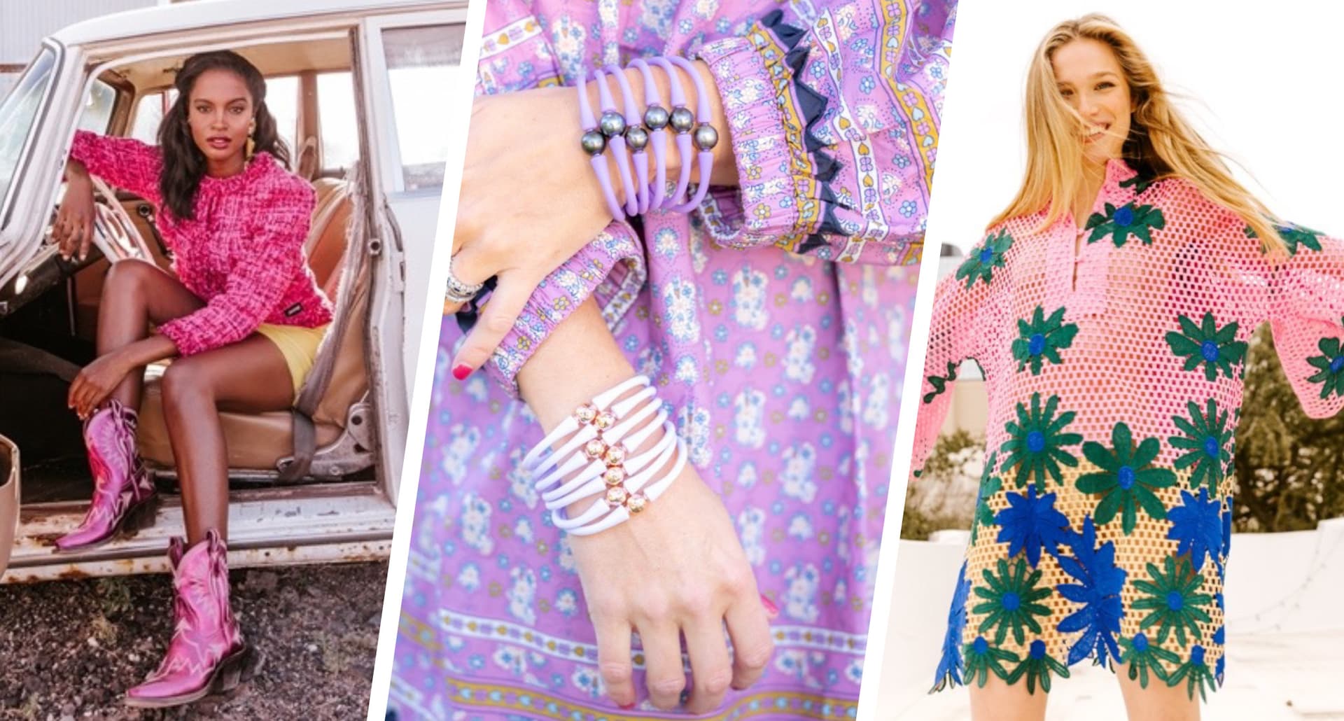 Dallas Spring Trends - A triptych photo of a woman of color sitting in a car wearing a pink dress and pink books in the left image. In the center image is a close up of a person with white skin's hands wearing purple and white bangles and holding their hands in front of a purple dress. In the right image, a white woman wears a pink caftan with blue and green florals on it.