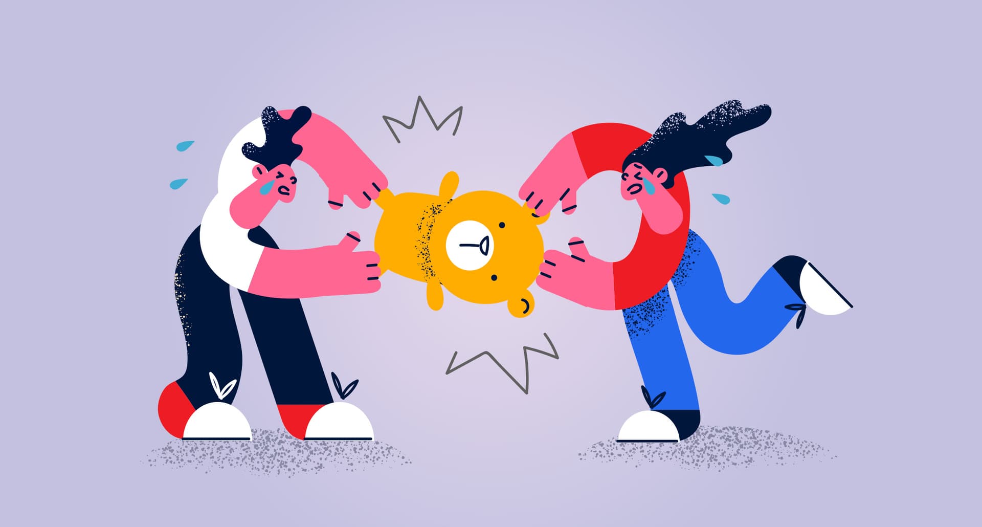 Illustration of two people fighting over a teddy bear.