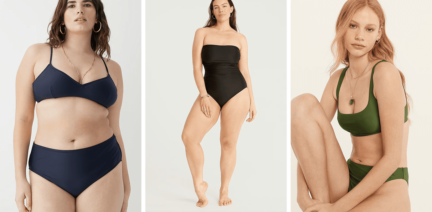 three models wearing jcrew swimsuits