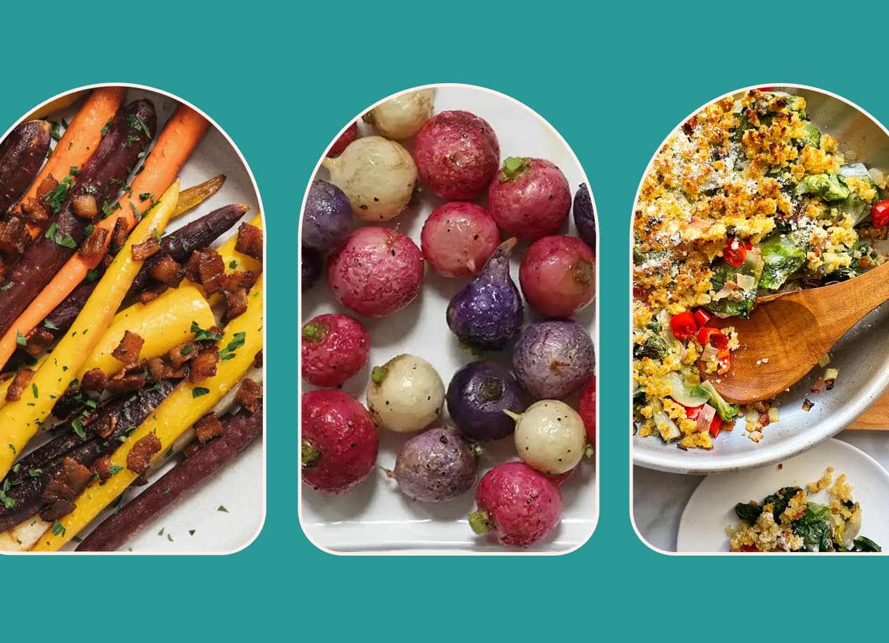 sides for ham: bacon-roasted carrots, whole roasted radishes and utica greens, side by side