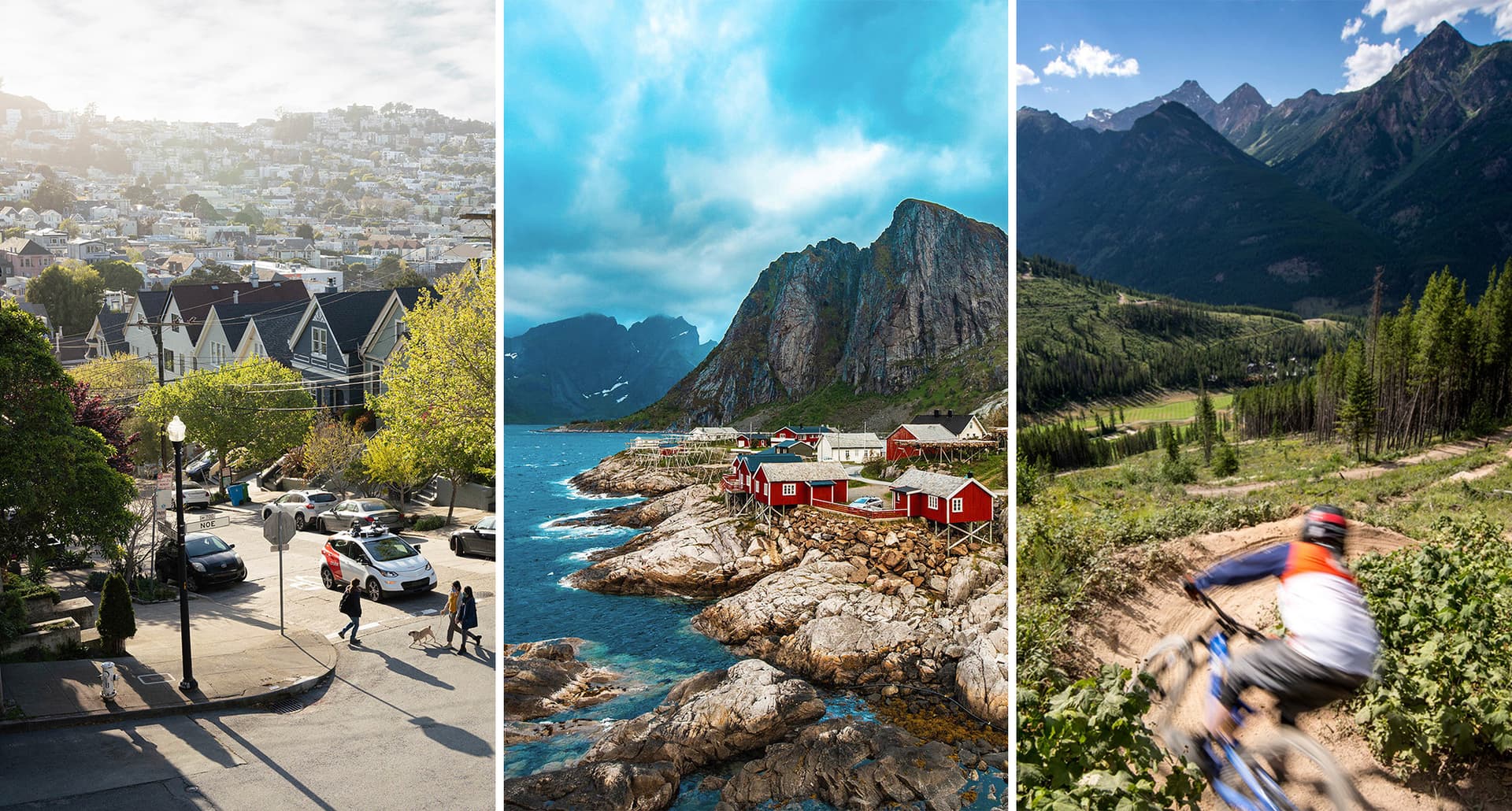 Triptych of landscape images from San Francisco, Norway and British Columbia.