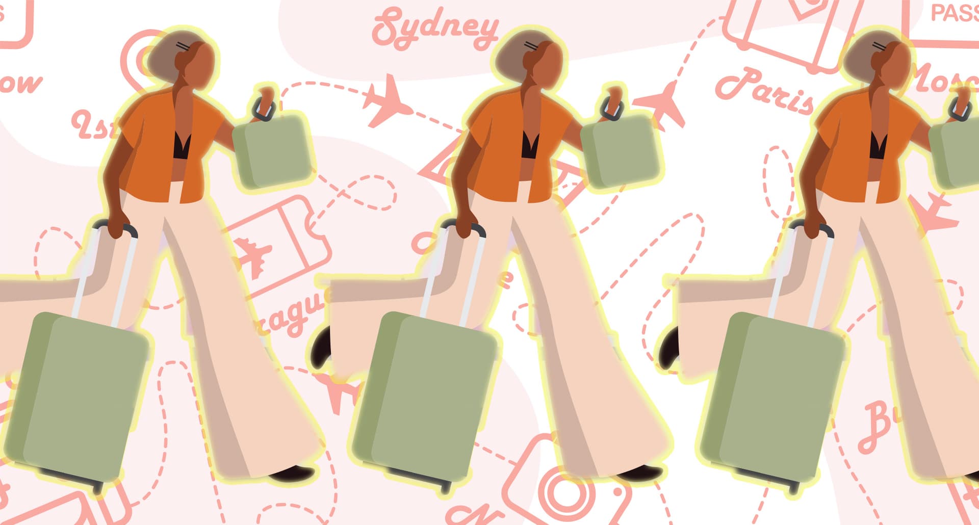 Illustration of a young woman with luggage repeated three times over a cartoon map of the world.