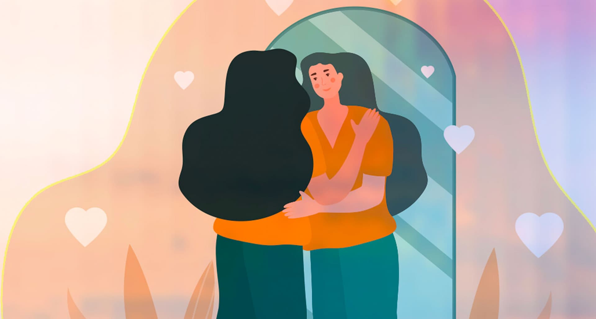 Breast Reduction - A colorful illustration of a woman looking in a mirror holding her chest.