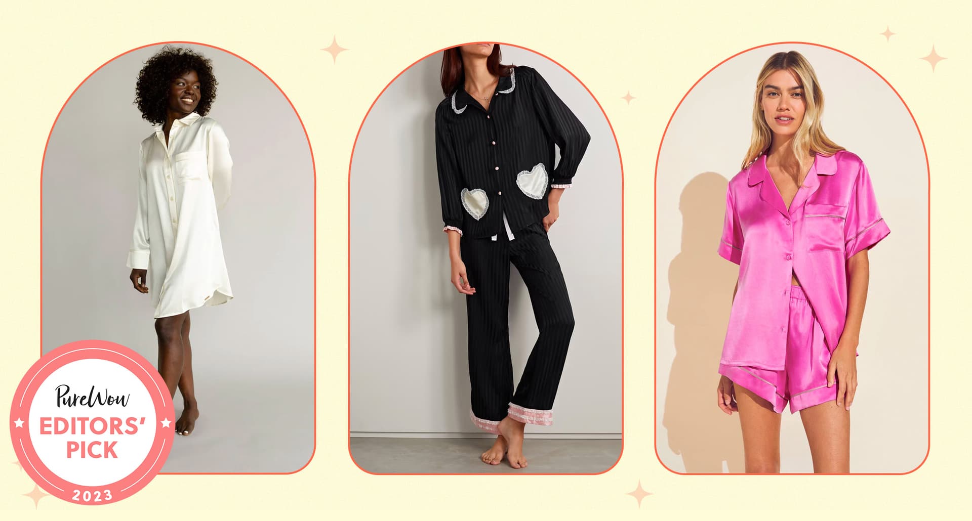 Best Silk Pajama Sets: collage of three models wearing silk pajamas