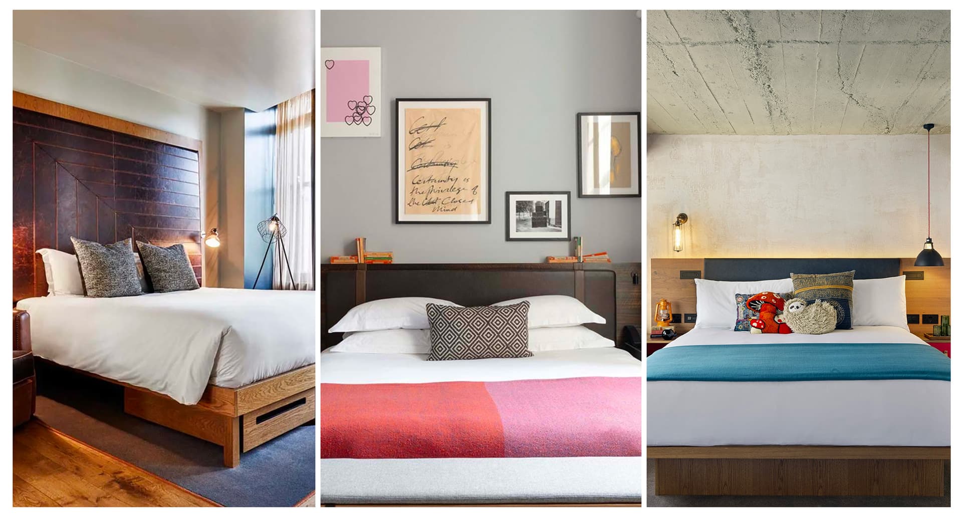 Triptych of three London Hotel rooms.