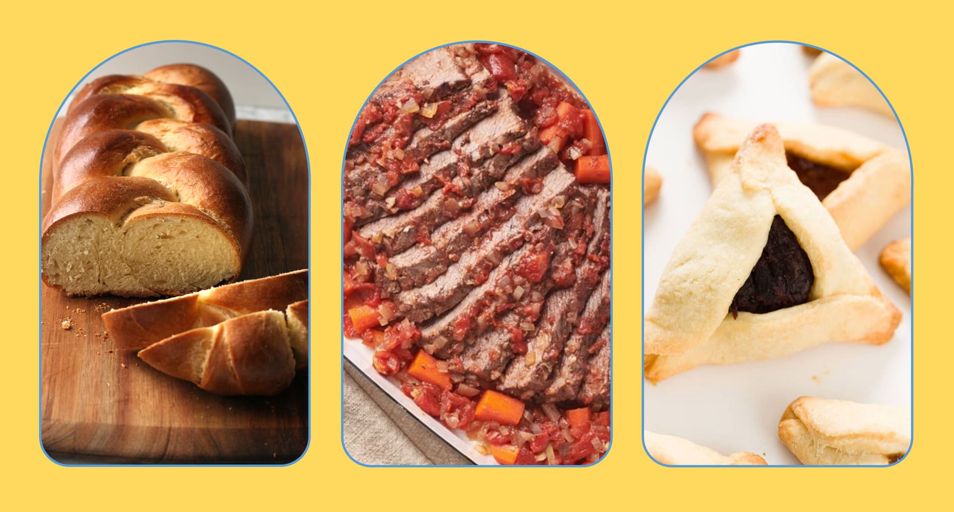 old-school jewish recipes: honey challah, jewish brisket and hamantaschen, side by side
