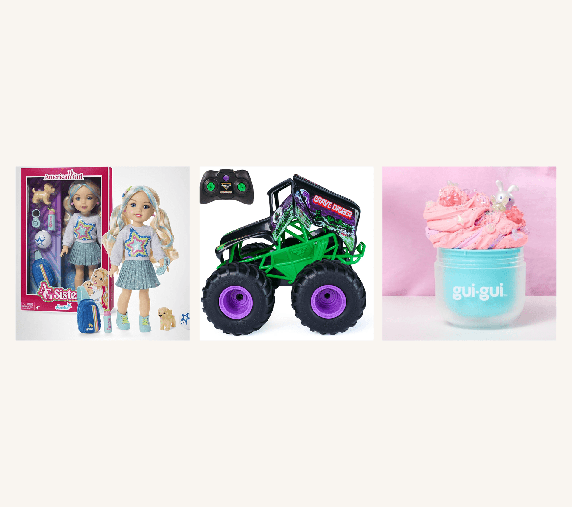 gui gui slime, rc car, american girl sisters doll