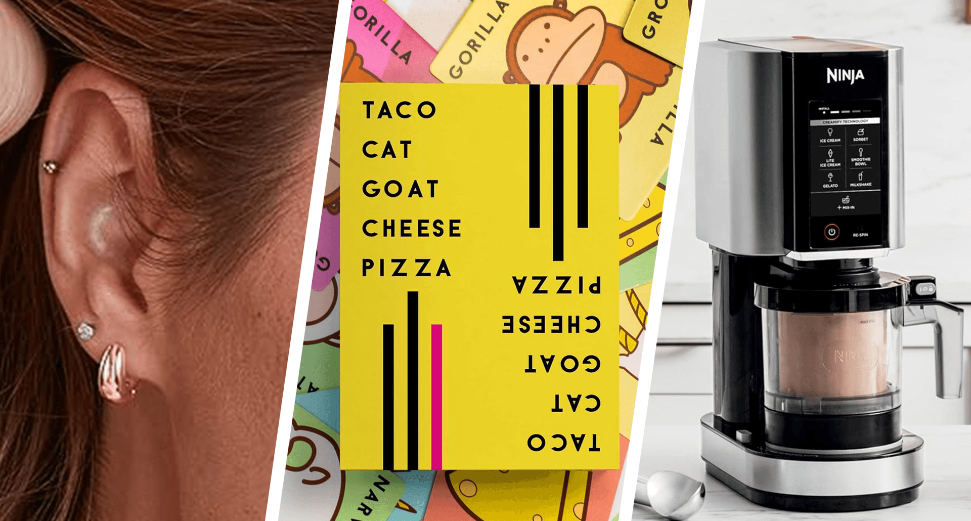 last-minute-amazon-gifts: A triptych collage of items from the story including the huggie earrings, Taco Cat Goat Cheese Pizza and the Ninja ice cream maker.