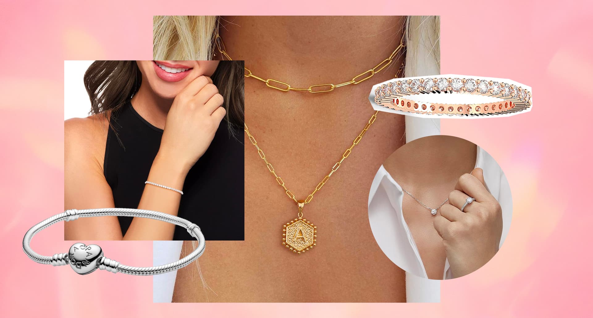 Best Amazon Jewelry of 2024: Collage of gold necklace, silver bracelet, dainty rings