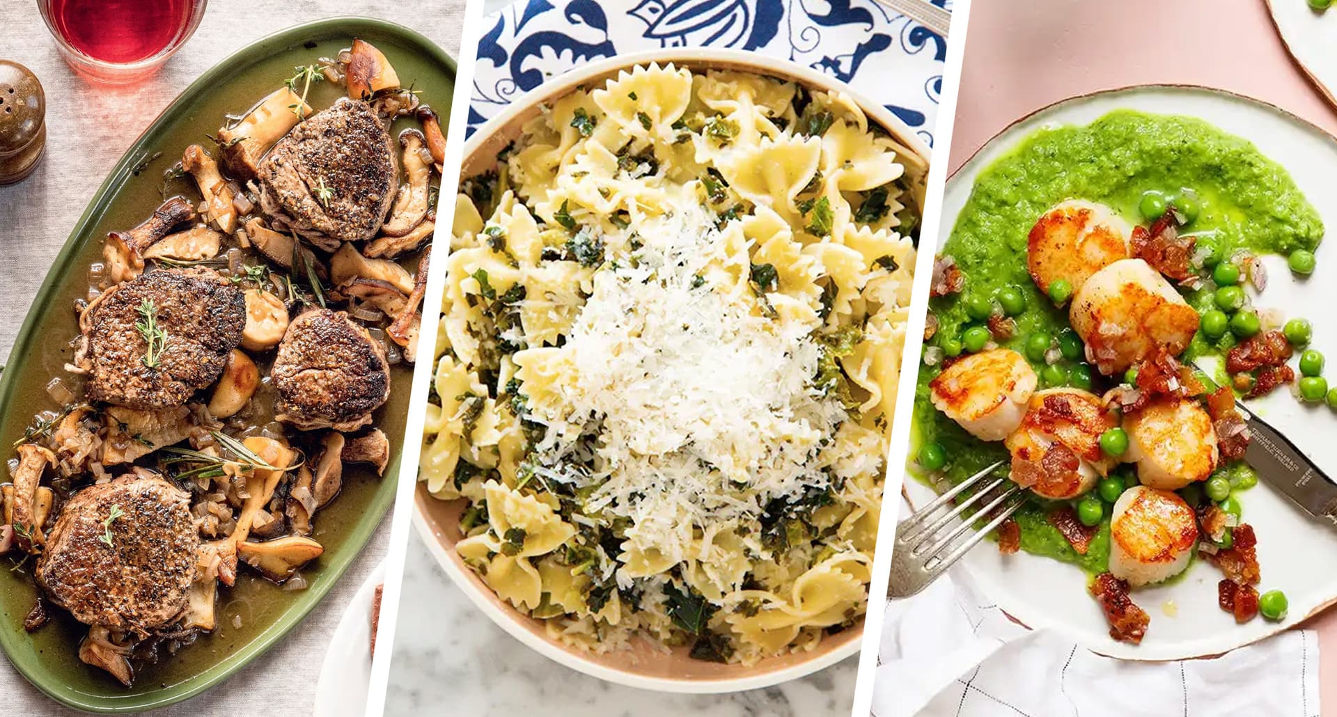 march dinner recipes: beef tenderloin with mushroom pan gravy, cheesy kale farfalle, and seared scallops with green peas, side by side