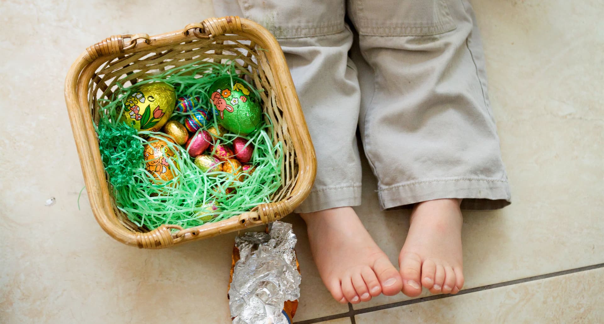 best-premade-easter-baskets: A photo of a young child's feet next to an Easter basket of chocolate eggs on fake grass stuffing. A large tinfoil wrapper sits next to the boy and the basket.