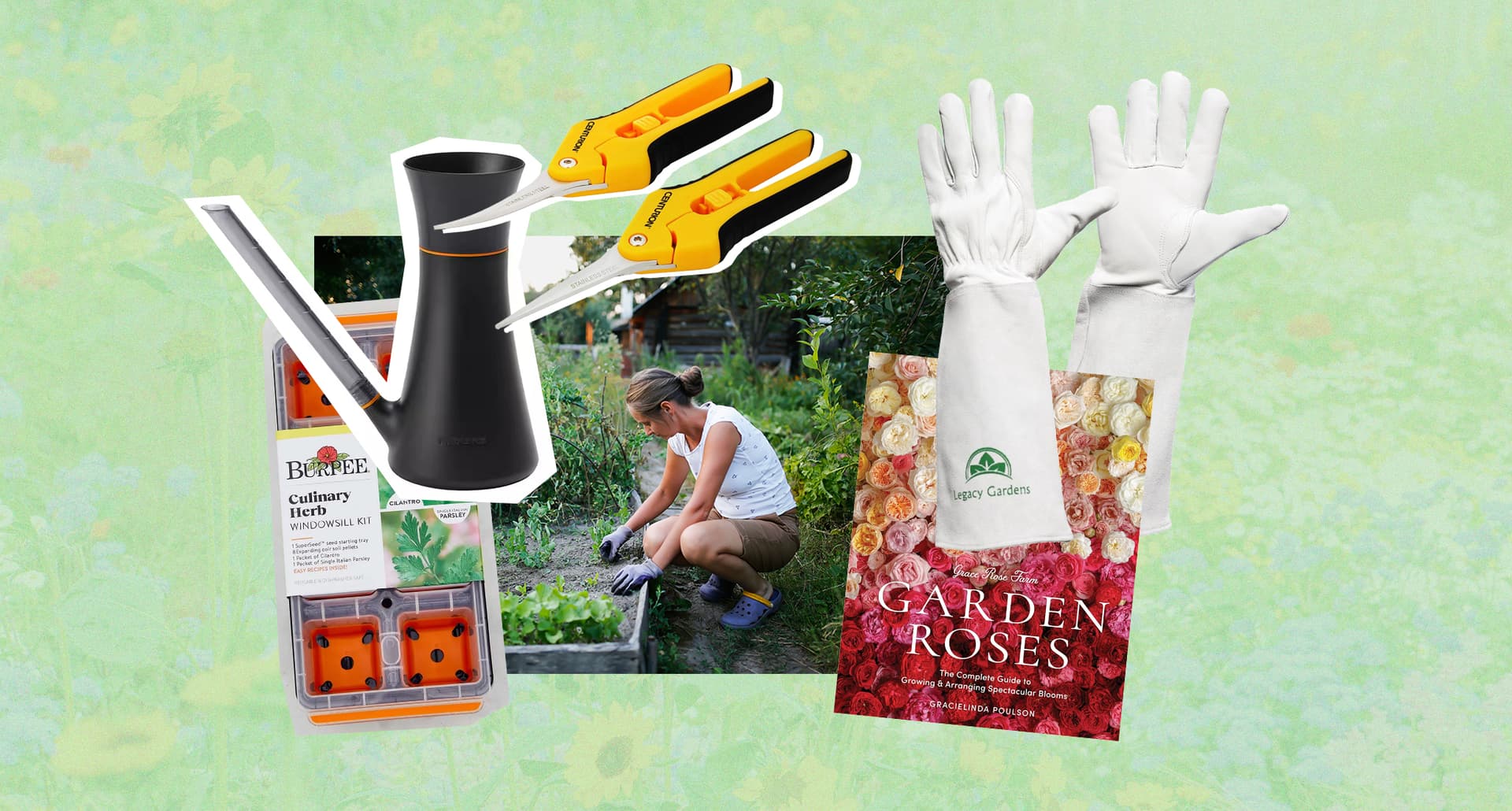 best-gardening-gifts: A collage of items from the article. It features gardening tools, gloves, books and more. In the background is a photo of a woman in a garden. The background border is green with some floral texture.