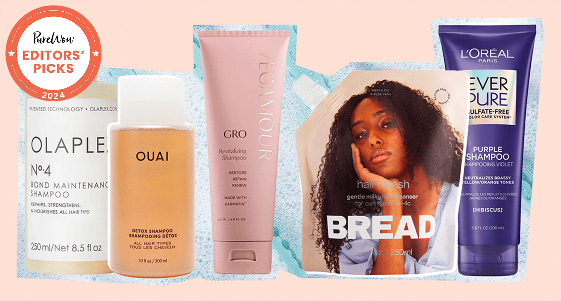 a collage of sulfate-free shampoos in a pink background