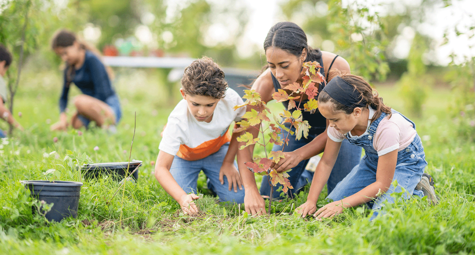 earth-day-activities-for-kids: an adult and two kids planting a tree