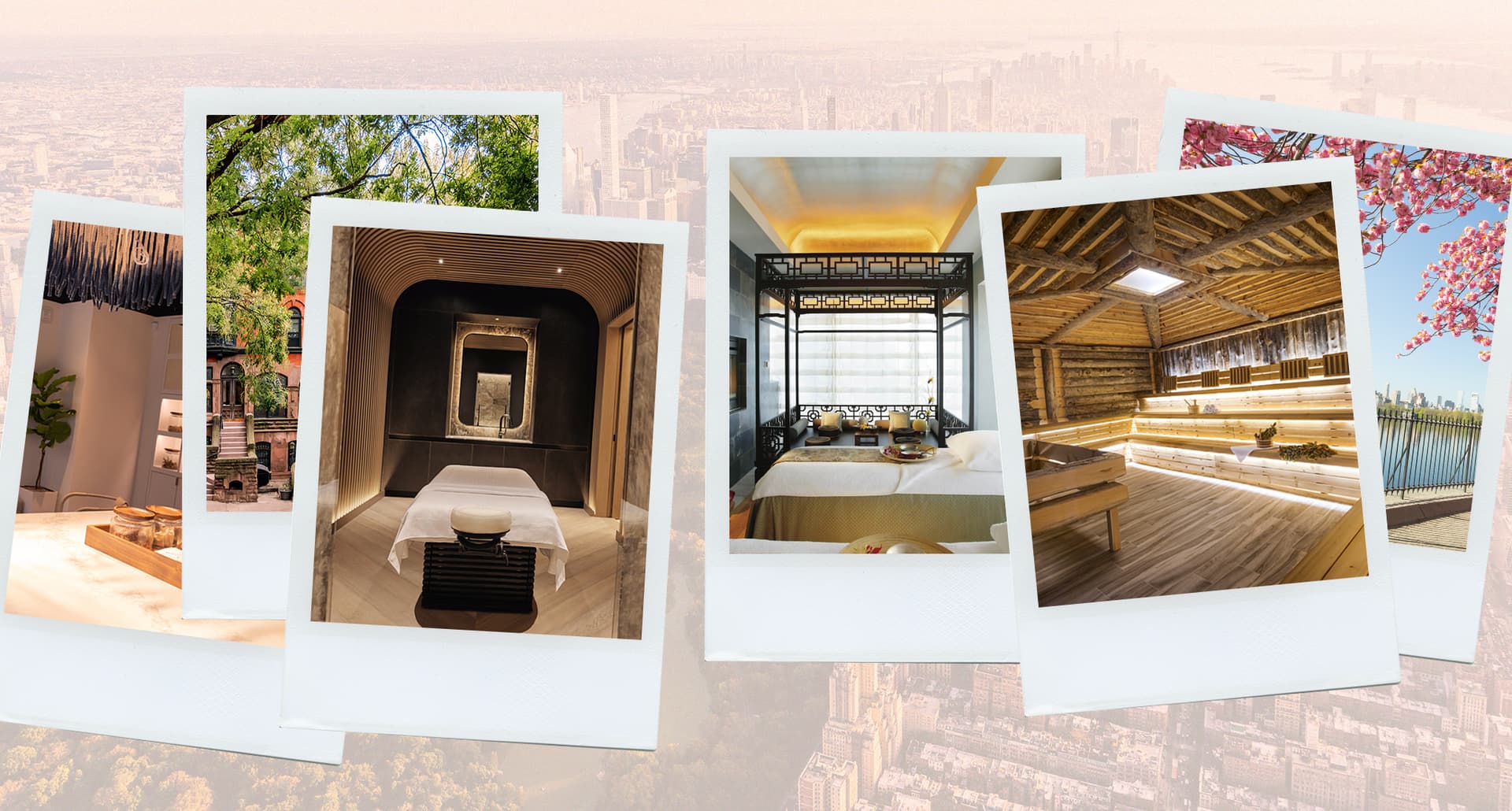 a collage photo of the best spas in nyc with polaroids and a faded pink background