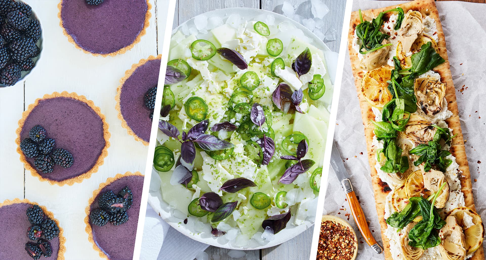summer fruits and vegetables: triptych image of blackberry panna cotta, honeydew salad and lemon flatbread