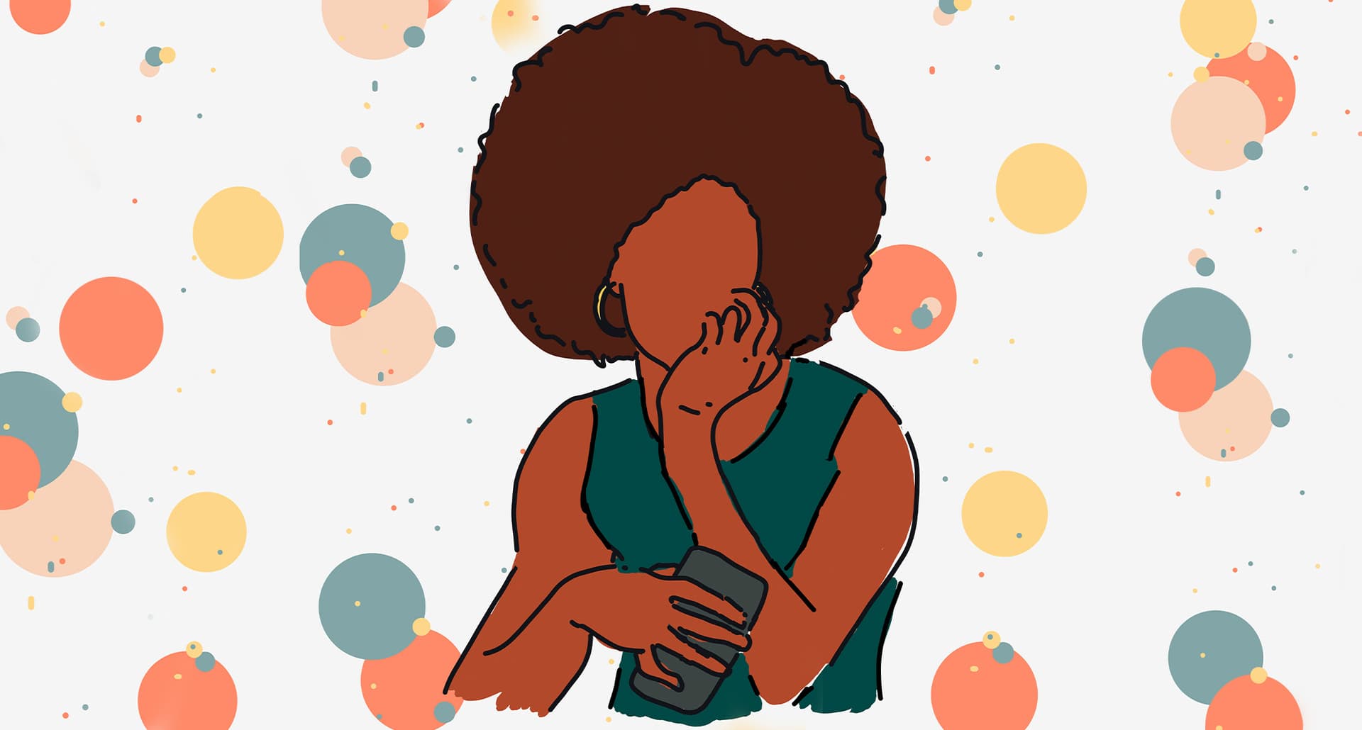 A woman thinking while holding a phone in her hand.