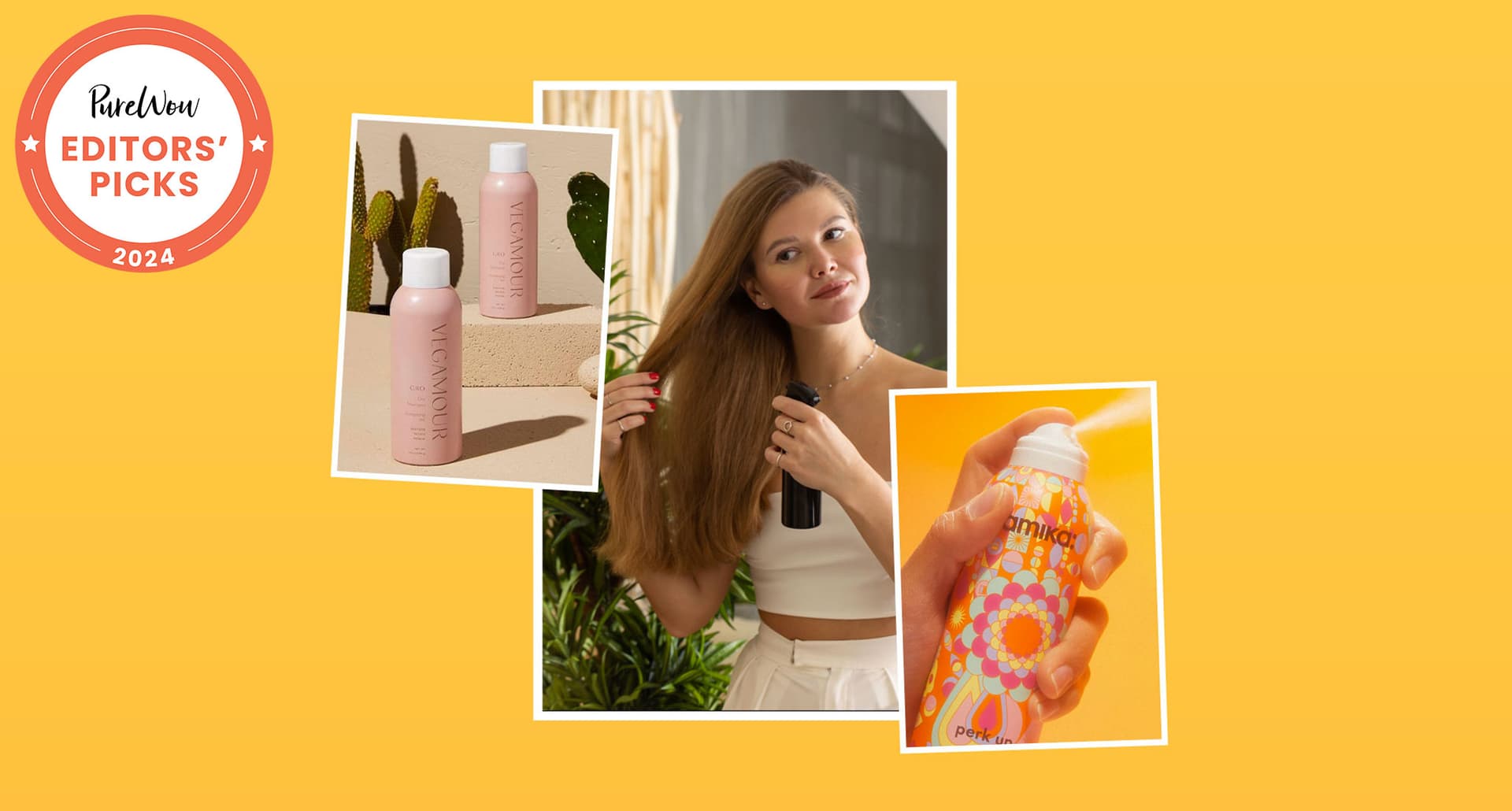Best Dry Shampoo Without Benzene 2024: Woman spraying hair, Vegamour dry shampoo, Amika dry shampoo