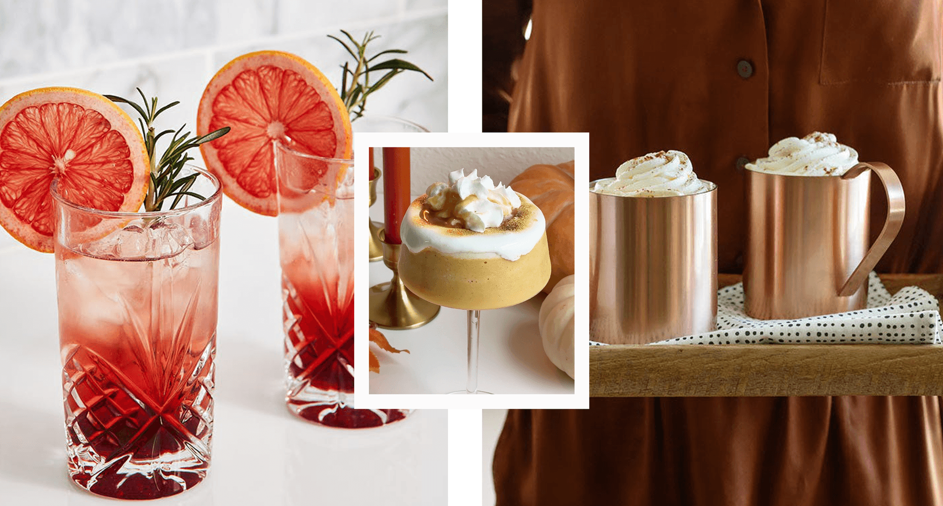 best fall cocktails: a fall spritz, toasted pumpkin marshmallow slush and hot chocolate that's spiked