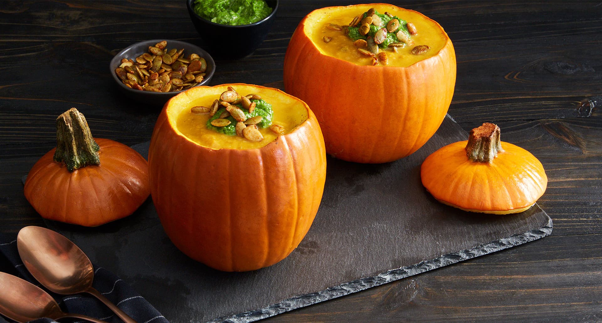 halloween dinner ideas: pumpkin soup in pumpkin bowl