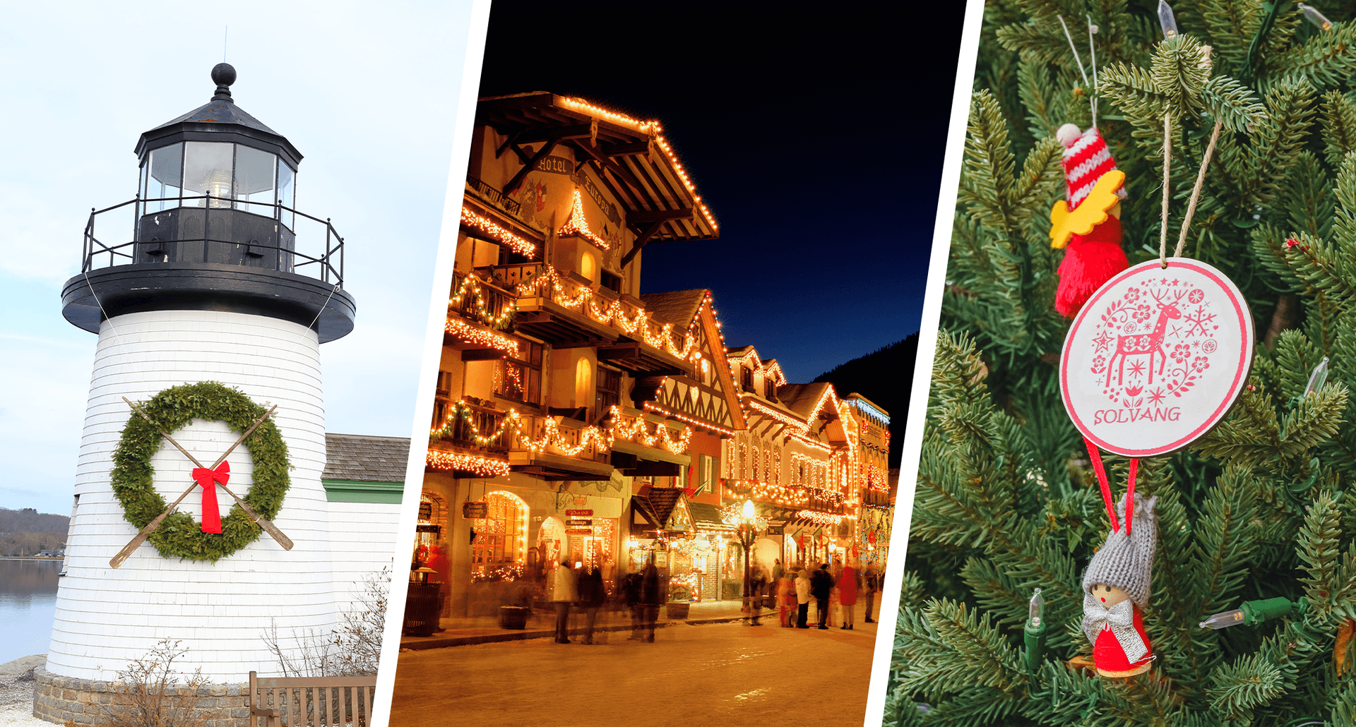 best christmas towns: mystic, Connecticut; leavenworth, washington; solvang, california