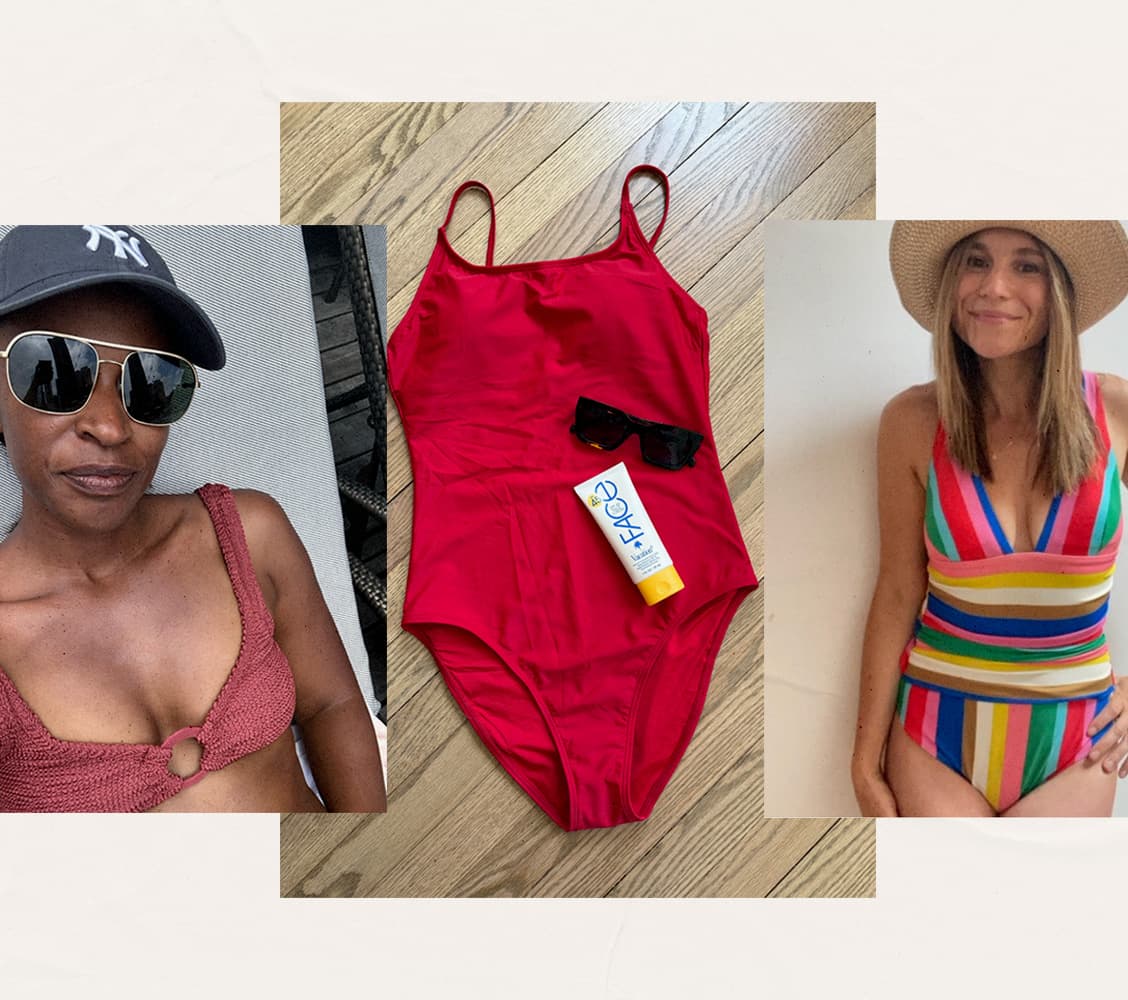 Most Comfortable Swimsuits of 2026: Original photos of PureWow editors Deena Campbell, Jillian Quint and red swimsuit