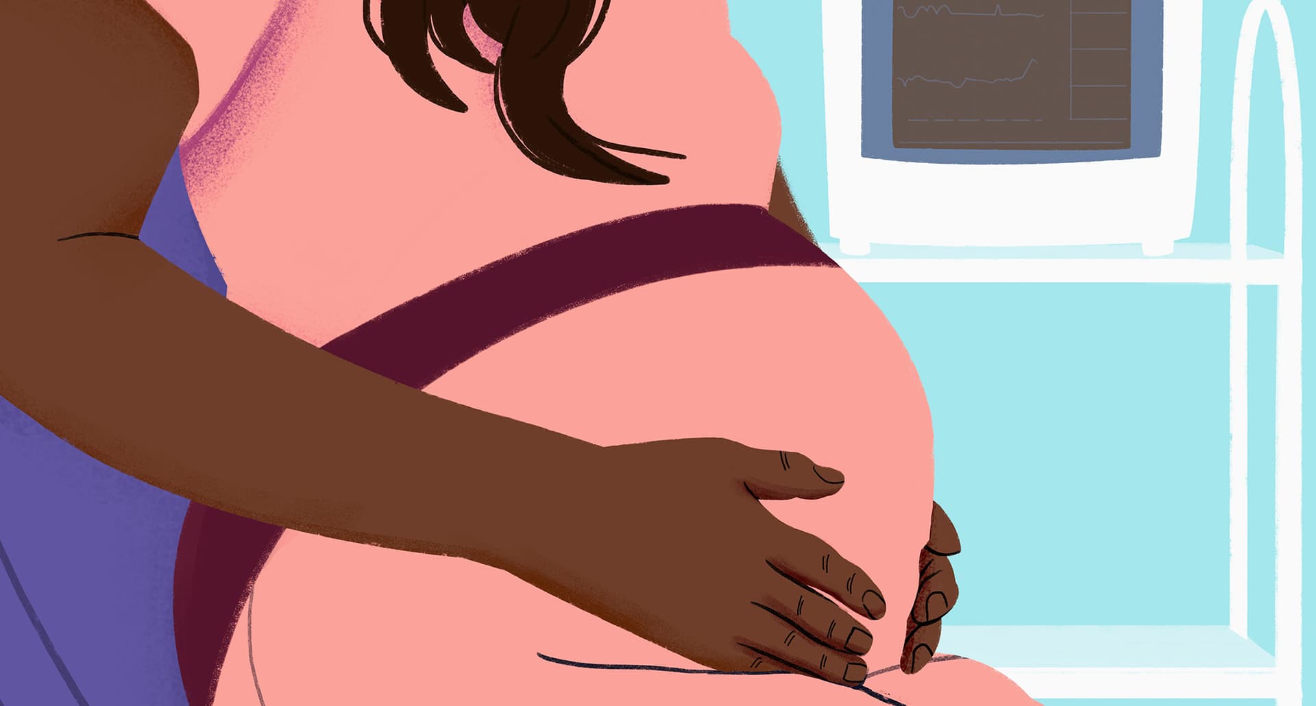 A pregnant woman holding her stomach at the doctor's office.