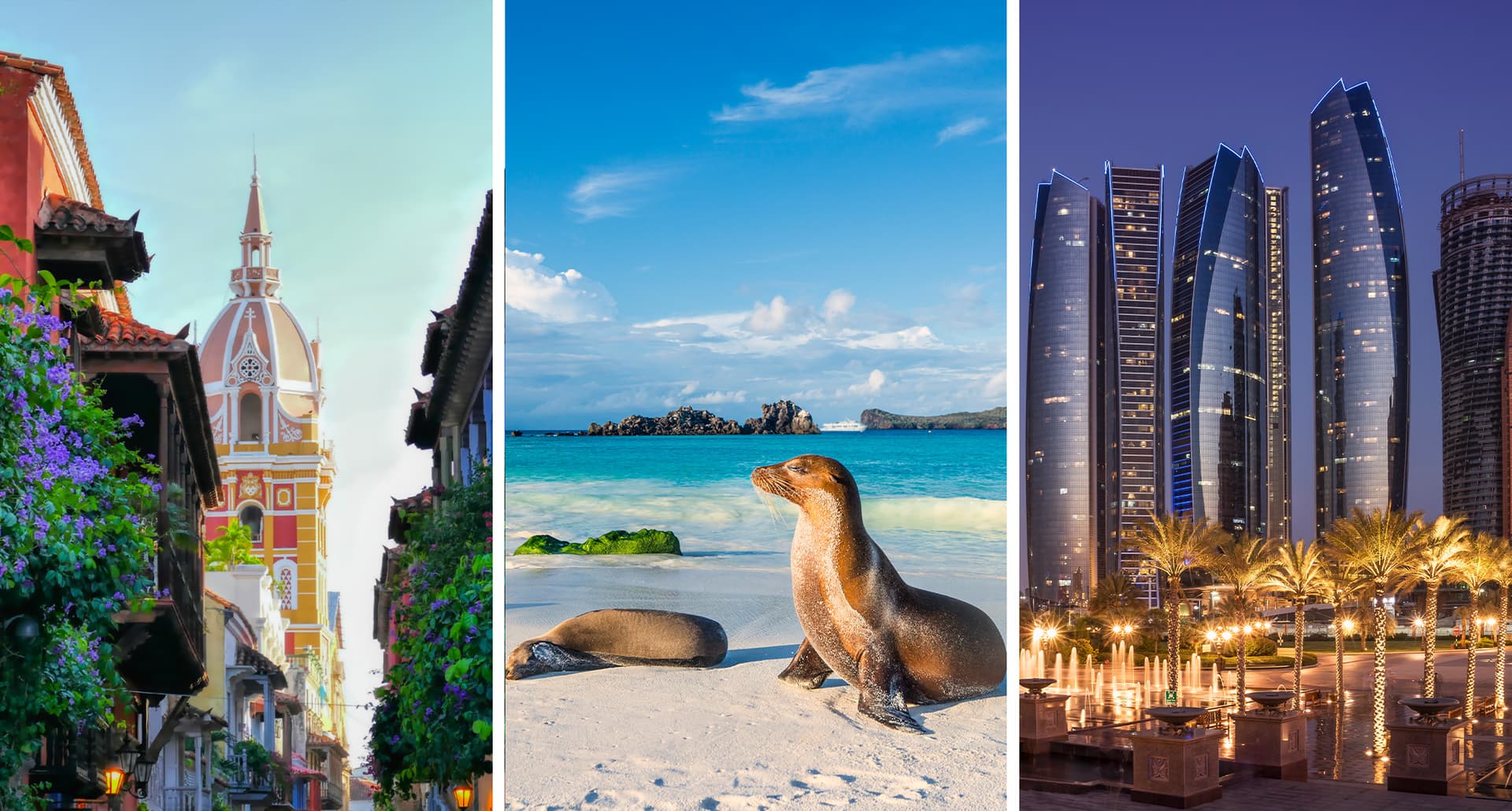 cartagena, colombia; galapagos islands, ecuador; abu dhabi, uae