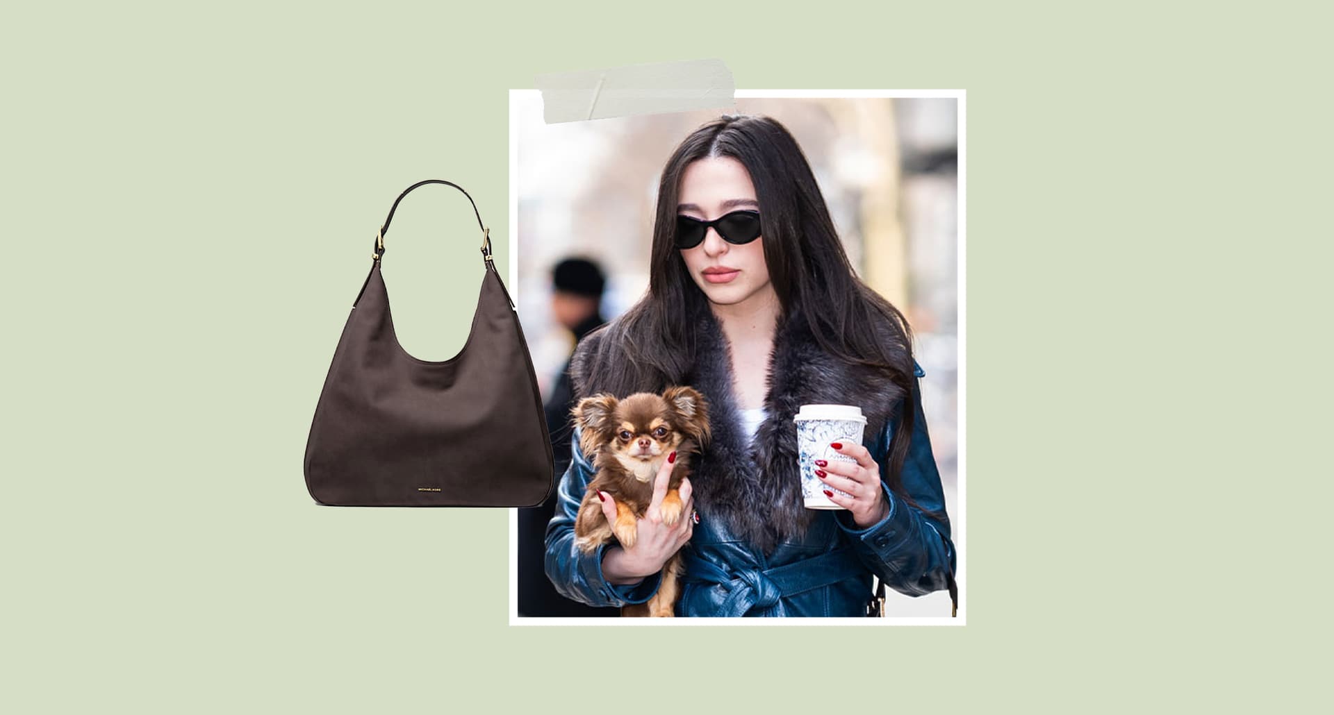mikey-madison-michael-kors-nolita-bag: A street style photo of Mikey Madison in NYC wearing a blue leather coat with gray fur trim and carries with her a coffee cup and her pet chihuahua.