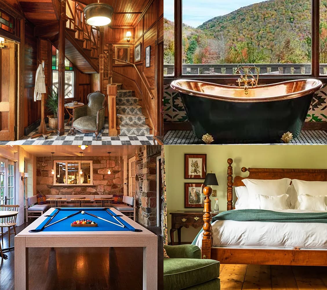 Collage of four properties to visit as winter weekend getaways near nyc